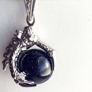 Dragon Claw Necklace / Silver Dragon Claw Pendant Blue Goldstone Blue Sand Dragon Claw Fantasy Renaissance Faire Boho Sparkly Glitter Orb-Lydia's Vintage | Handmade Custom Cosplay, Renaissance Fair Inspired Style Necklaces, Earrings, Bracelets, Brooches, Rings