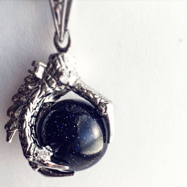 Dragon Claw Necklace / Silver Dragon Claw Pendant Blue Goldstone Blue Sand Dragon Claw Fantasy Renaissance Faire Boho Sparkly Glitter Orb-Lydia's Vintage | Handmade Custom Cosplay, Renaissance Fair Inspired Style Necklaces, Earrings, Bracelets, Brooches, Rings