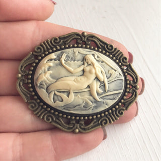Mermaid Cameo Brooch Pirate Hat Pin Renaissance Faire Costume-Lydia's Vintage | Handmade Custom Cosplay, Renaissance Fair Inspired Style Necklaces, Earrings, Bracelets, Brooches, Rings
