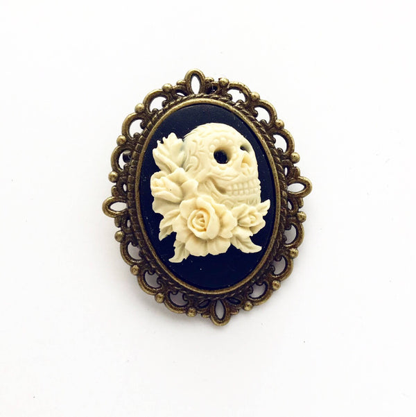 Skull Cameo Brooch Pirate Hat Pin Sugar Skull Day of the Dead-Lydia's Vintage | Handmade Custom Cosplay, Pirate Inspired Style Necklaces, Earrings, Bracelets, Brooches, Rings