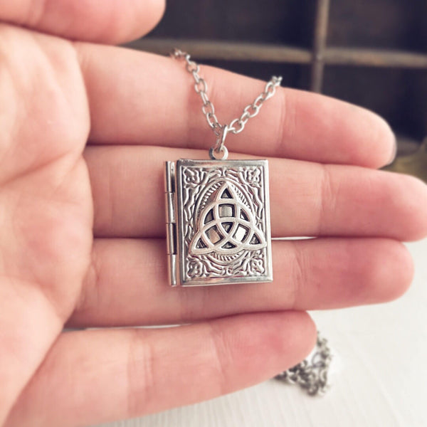 Celtic Knot Book Locket Necklace Silver Celtic Jewelry Pendant Triquetra Trinity Knot-Lydia's Vintage | Handmade Personalized Vintage Style Necklaces, Lockets, Earrings, Bracelets, Brooches, Rings