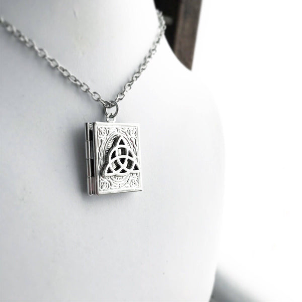 Celtic Knot Book Locket Necklace Silver Celtic Jewelry Pendant Triquetra Trinity Knot-Lydia's Vintage | Handmade Personalized Vintage Style Necklaces, Lockets, Earrings, Bracelets, Brooches, Rings