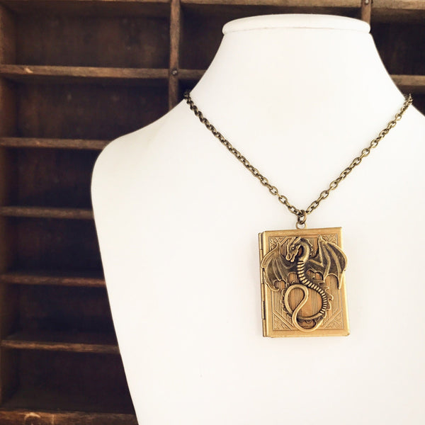 Dragon Book Locket Necklace Book Lover Gift Dragon Pendant-Lydia's Vintage | Handmade Personalized Vintage Style Necklaces, Lockets, Earrings, Bracelets, Brooches, Rings