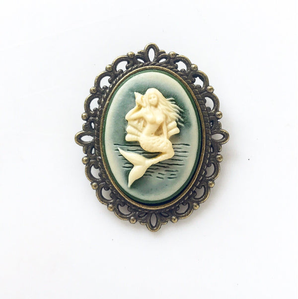 Mermaid Cameo Brooch Mermaid Jewelry Renaissance Faire Pin-Lydia's Vintage | Handmade Custom Cosplay, Renaissance Fair Inspired Style Necklaces, Earrings, Bracelets, Brooches, Rings