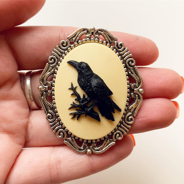 Raven Cameo Brooch Crow Jewelry-Lydia's Vintage | Handmade Vintage Style Jewelry, Brooches, Pins, Necklaces, Bracelets