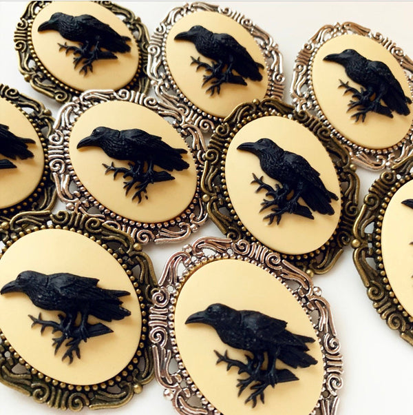Raven Cameo Brooch Crow Halloween Jewelry Pirate Hat Pin Renaissance Faire Costume Edgar Allan Poe Gift-Lydia's Vintage | Handmade Custom Cosplay, Renaissance Fair Inspired Style Necklaces, Earrings, Bracelets, Brooches, Rings