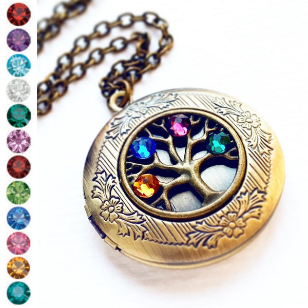 Birthstone Locket Necklace Gift for Mom Mothers Family Tree Personalized Jewelry-Lydia's Vintage | Handmade Personalized Vintage Style Necklaces, Lockets, Earrings, Bracelets, Brooches, Rings