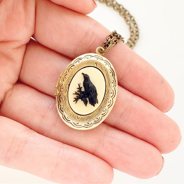 Raven Cameo Locket Necklace Crow Jewelry-Lydia's Vintage | Handmade Personalized Vintage Style Necklaces, Lockets, Earrings, Bracelets, Brooches, Rings