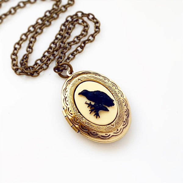 Raven Cameo Locket Necklace Crow Jewelry-Lydia's Vintage | Handmade Personalized Vintage Style Necklaces, Lockets, Earrings, Bracelets, Brooches, Rings