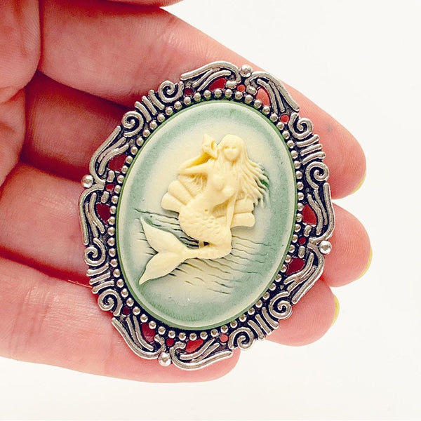 Mermaid Cameo Brooch Mermaid Jewelry Pirate Hat Pin Renaissance Faire-Lydia's Vintage | Handmade Custom Cosplay, Renaissance Fair Inspired Style Necklaces, Earrings, Bracelets, Brooches, Rings
