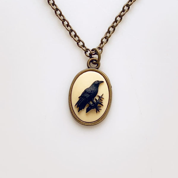 Raven Cameo Necklace Crow Jewelry Edgar Allan Poe Gift-Lydia's Vintage | Handmade Personalized Vintage Style Necklaces, Lockets, Earrings, Bracelets, Brooches, Rings