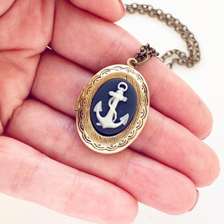 Anchor Locket Necklace Anchor Cameo Navy Locket Pendant-Lydia's Vintage | Handmade Personalized Vintage Style Necklaces, Lockets, Earrings, Bracelets, Brooches, Rings