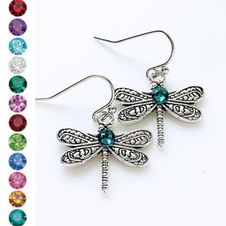 Dragonfly Birthstone Earrings Dragonfly Jewelry Personalized Dragonfly Lover Gifts-Lydia's Vintage | Handmade Personalized Vintage Style Earrings and Ear Cuffs