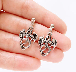 Dragon Earrings Silver Stud Earrings Dragon Jewelry Dangly Studs-Lydia's Vintage | Handmade Personalized Vintage Style Earrings and Ear Cuffs