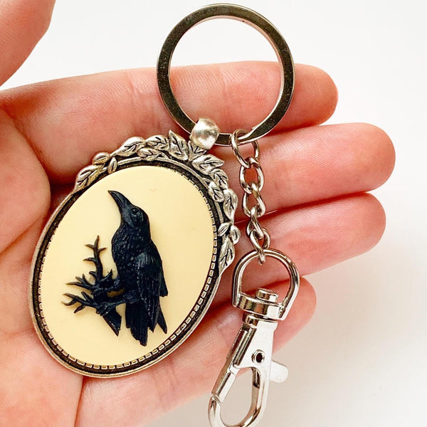 Raven Keychain Halloween Cameo Crow Lover Gift-Lydia's Vintage | Handmade Personalized Bookmarks, Keychains