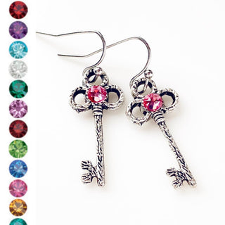 Skeleton Key Earrings Birthstone Earrings Gift for Her-Lydia's Vintage | Handmade Personalized Vintage Style Earrings and Ear Cuffs