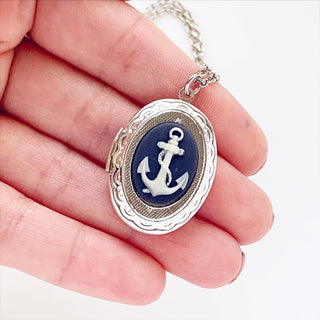 Anchor Cameo Locket Necklace Photo Locket Cameo Jewelry Navy Locket-Lydia's Vintage | Handmade Personalized Vintage Style Necklaces, Lockets, Earrings, Bracelets, Brooches, Rings
