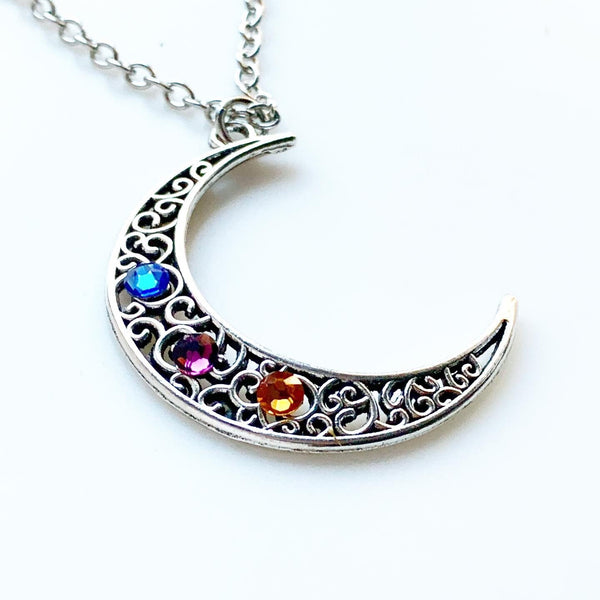 Moon Necklace Birthstone Necklace Gift for Mom Pick 3+ Birthstones-Lydia's Vintage | Handmade Personalized Vintage Style Necklaces, Lockets, Earrings, Bracelets, Brooches, Rings