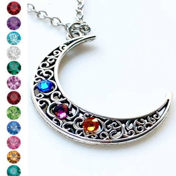 Birthstone Moon Necklace Pick 3+ Birthstones Personalized Gifts for Moms-Lydia's Vintage | Handmade Personalized Vintage Style Necklaces, Lockets, Earrings, Bracelets, Brooches, Rings