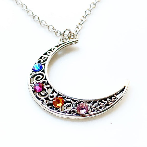 Moon Necklace Birthstone Necklace Gift for Mom Pick 3+ Birthstones-Lydia's Vintage | Handmade Personalized Vintage Style Necklaces, Lockets, Earrings, Bracelets, Brooches, Rings