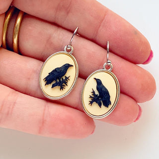Raven Earrings Raven Crow Jewelry Gothic Cameo Earrings Edgar Allan Poe-Lydia's Vintage | Handmade Personalized Vintage Style Earrings and Ear Cuffs