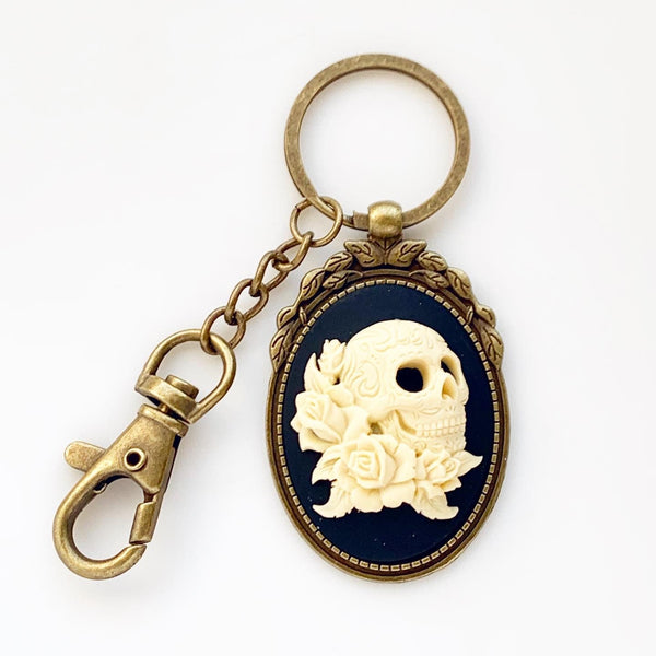 Skull Keychain Sugar Skull Cameo Key Chain Accessories Day of the Dead-Lydia's Vintage | Handmade Personalized Bookmarks, Keychains