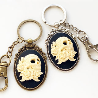 Skull Keychain Sugar Skull Cameo Key Chain Accessories Day of the Dead-Lydia's Vintage | Handmade Personalized Bookmarks, Keychains