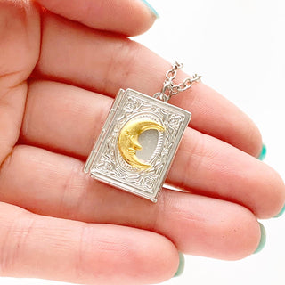 Moon Book Locket Necklace Book Lover Gift Photo Locket-Lydia's Vintage | Handmade Personalized Vintage Style Necklaces, Lockets, Earrings, Bracelets, Brooches, Rings