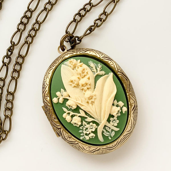 Lily of the Valley Cameo Locket Large Floral Locket-Lydia's Vintage | Handmade Personalized Vintage Style Necklaces, Lockets, Earrings, Bracelets, Brooches, Rings