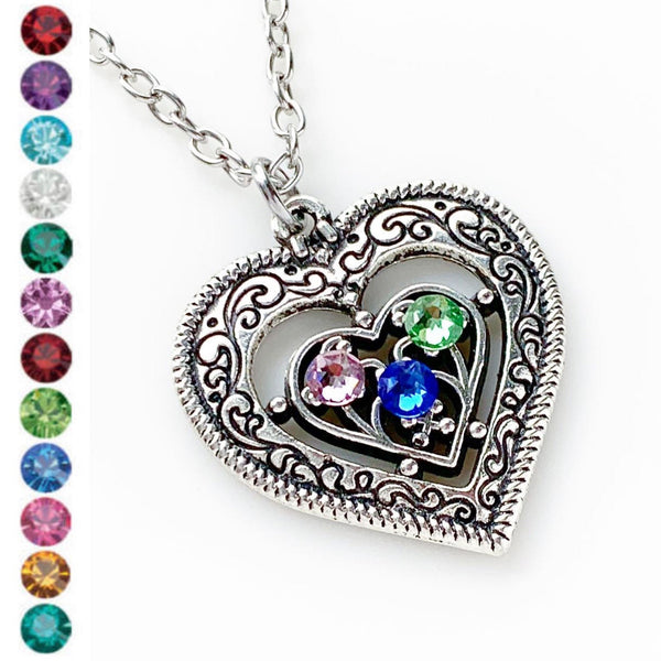 Heart Birthstone Necklace Mothers Day Gift for Moms-Lydia's Vintage | Handmade Personalized Vintage Style Necklaces, Lockets, Earrings, Bracelets, Brooches, Rings