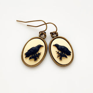 Raven Cameo Earrings Crow Jewelry Edgar Allan Poe-Lydia's Vintage | Handmade Personalized Vintage Style Earrings and Ear Cuffs