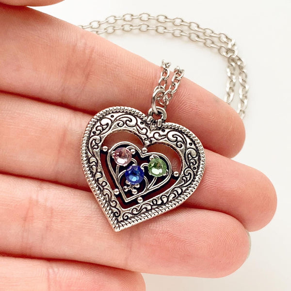 Heart Birthstone Necklace Mothers Day Gift for Moms-Lydia's Vintage | Handmade Personalized Vintage Style Necklaces, Lockets, Earrings, Bracelets, Brooches, Rings