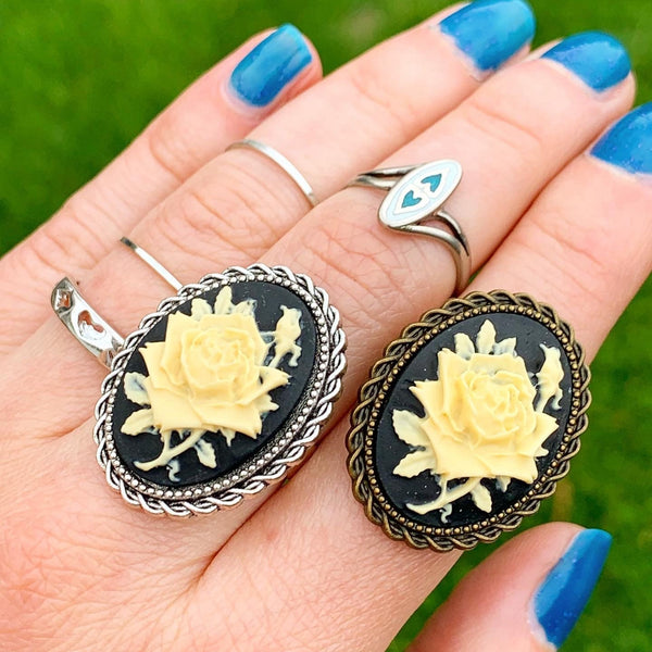 Cameo Ring Rose Cameo Flower Ring-Lydia's Vintage | Handmade Personalized Vintage Style Rings, Earrings, Bracelets, Brooches, Necklaces, Lockets