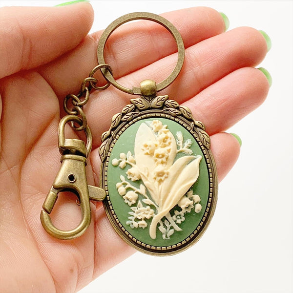 Lily of the Valley Keychain Cameo Key Chain Floral Accessories-Lydia's Vintage | Handmade Personalized Bookmarks, Keychains