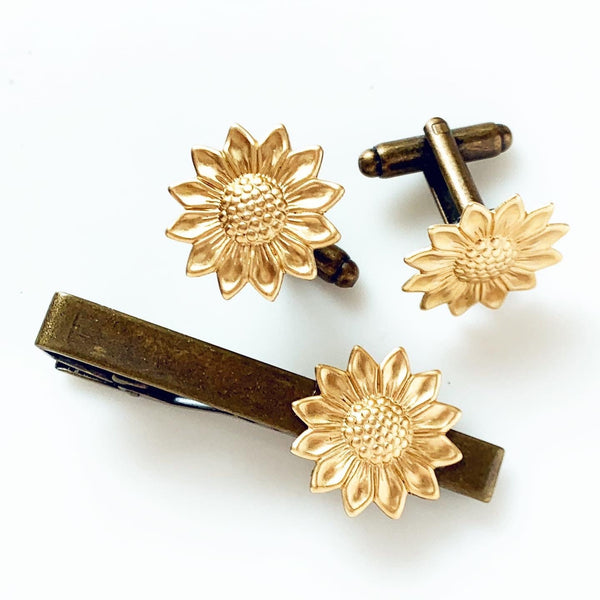 Sunflower Cufflinks Tie Clip Set Fall Autumn Wedding-Lydia's Vintage | Handmade Personalized Cufflinks and Tie Tacks