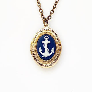 Anchor Locket Necklace Anchor Cameo Navy Locket Pendant-Lydia's Vintage | Handmade Personalized Vintage Style Necklaces, Lockets, Earrings, Bracelets, Brooches, Rings