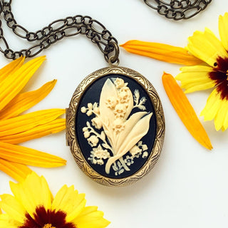 Lily of the Valley Locket Necklace Floral Cameo Locket-Lydia's Vintage | Handmade Personalized Vintage Style Necklaces, Lockets, Earrings, Bracelets, Brooches, Rings