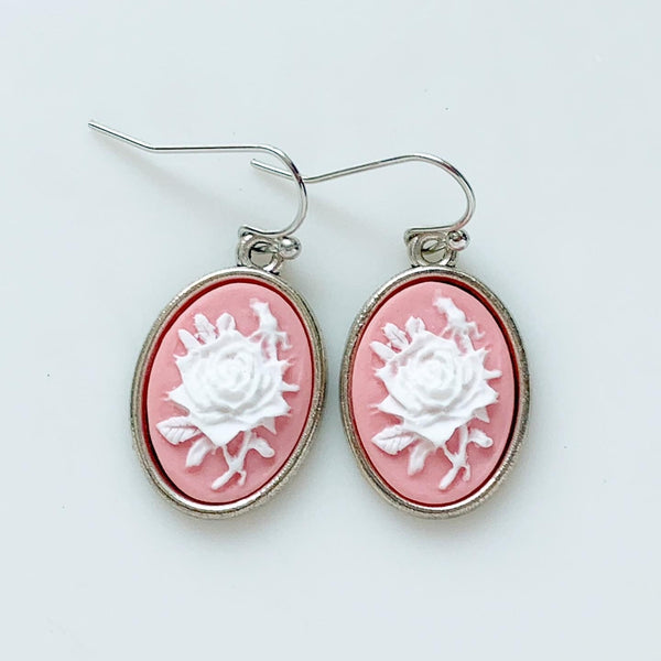 Rose Cameo Earrings Pink Rose Jewelry Gift for Women-Lydia's Vintage | Handmade Personalized Vintage Style Earrings and Ear Cuffs
