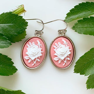 Rose Cameo Earrings Pink Rose Jewelry Gift for Women-Lydia's Vintage | Handmade Personalized Vintage Style Earrings and Ear Cuffs