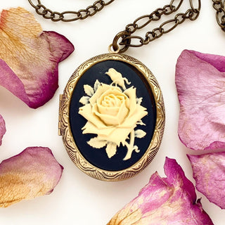 Rose Cameo Locket Necklace Large Romantic Floral Locket-Lydia's Vintage | Handmade Personalized Vintage Style Necklaces, Lockets, Earrings, Bracelets, Brooches, Rings