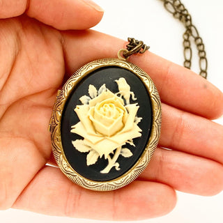 Rose Cameo Locket Necklace Large Romantic Floral Locket-Lydia's Vintage | Handmade Personalized Vintage Style Necklaces, Lockets, Earrings, Bracelets, Brooches, Rings