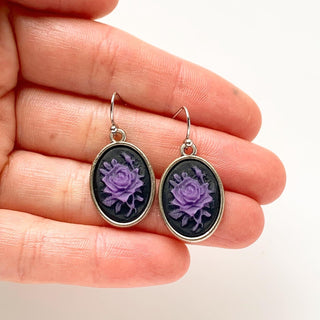 Purple Rose Cameo Earrings Rose Earrings Cameo Jewelry Gift for Her-Lydia's Vintage | Handmade Personalized Vintage Style Earrings and Ear Cuffs