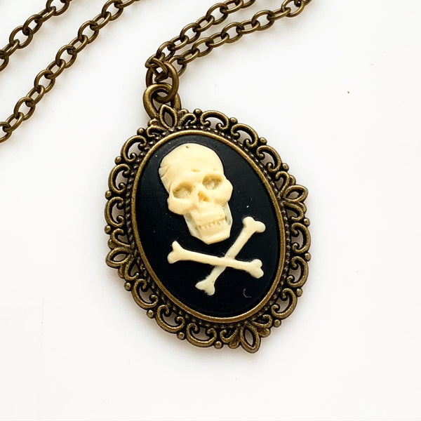 Skull Necklace Gothic Cameo Necklace Pirate Costume Renaissance Faire Skull and Crossbones-Lydia's Vintage | Handmade Custom Cosplay, Renaissance Fair Inspired Style Necklaces, Earrings, Bracelets, Brooches, Rings