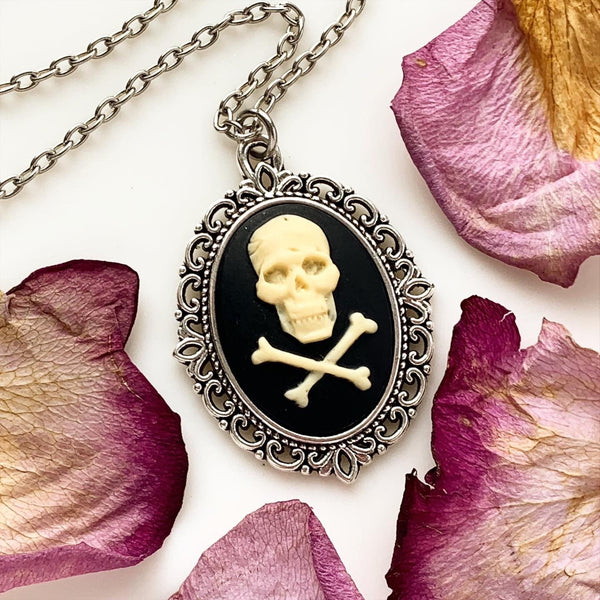 Skull Cameo Necklace Pirate Jewelry Jolly Roger Skull and Crossbones-Lydia's Vintage | Handmade Custom Cosplay, Pirate Inspired Style Necklaces, Earrings, Bracelets, Brooches, Rings
