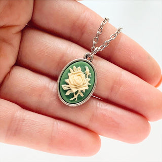 Rose Cameo Necklace Green Irish Rose Pendant Gifts for Her-Lydia's Vintage | Handmade Personalized Vintage Style Necklaces, Lockets, Earrings, Bracelets, Brooches, Rings