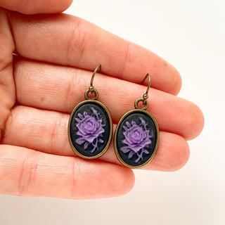 Cameo Earrings Purple Rose Earrings Cameo Jewelry Gift for Her-Lydia's Vintage | Handmade Personalized Vintage Style Earrings and Ear Cuffs