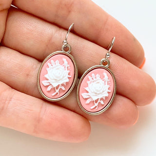Rose Cameo Earrings Pink Rose Jewelry Gift for Women-Lydia's Vintage | Handmade Personalized Vintage Style Earrings and Ear Cuffs