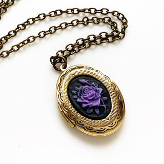 Rose Cameo Locket Necklace Purple and Black Rose Locket Pendant-Lydia's Vintage | Handmade Personalized Vintage Style Necklaces, Lockets, Earrings, Bracelets, Brooches, Rings