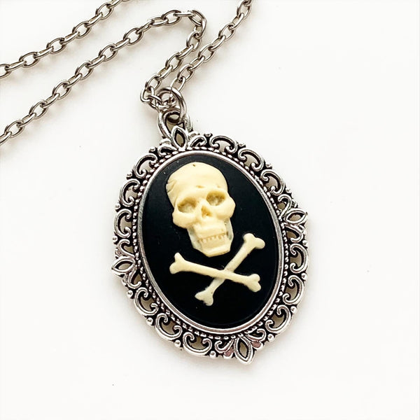 Skull Cameo Necklace Pirate Jewelry Jolly Roger Skull and Crossbones-Lydia's Vintage | Handmade Custom Cosplay, Pirate Inspired Style Necklaces, Earrings, Bracelets, Brooches, Rings