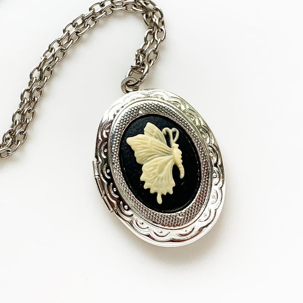 Butterfly Cameo Locket Necklace Butterfly Necklace Cameo Jewelry-Lydia's Vintage | Handmade Personalized Vintage Style Necklaces, Lockets, Earrings, Bracelets, Brooches, Rings